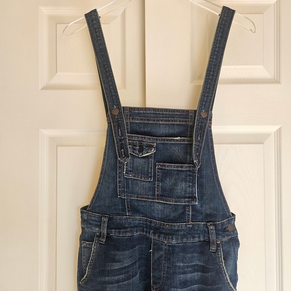 Free People Milo Washed Denim Overalls Dark Wash Distressed 5 Pocket Sz 26 - Picture 8 of 15